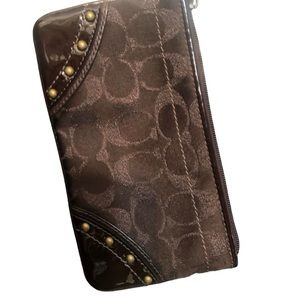 Coach dark brown / hint of Maroon monogram canvas patant leather wristlet